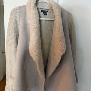 Cream and Tan Open Front Cardigan with Faux Fur Collar